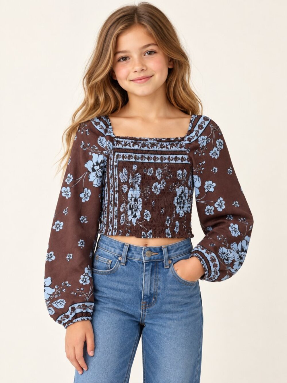 NWT GB Girls Brown Blue Floral Smocked Long Sleeve Top M 8/10